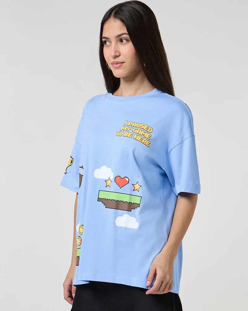 bewakoof Women's Chambray Blue I Paused My Game Graphic Printed Oversized T-shirt
